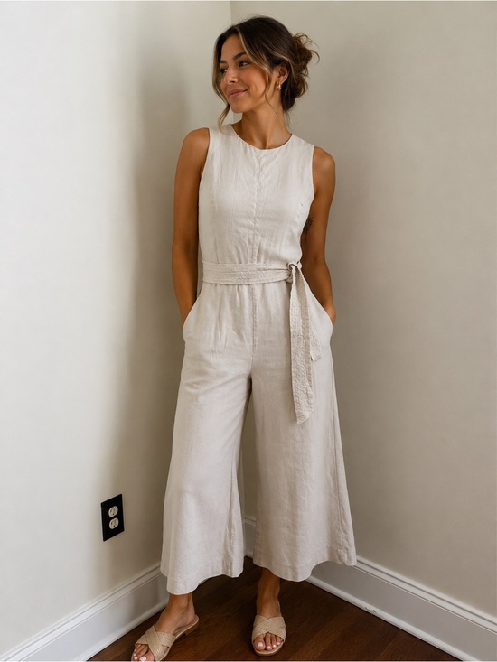 ANTONIO MELANI Pants - ANTONIO MELANI Sleeveless Cream Tie-Waist Linen Jumpsuit